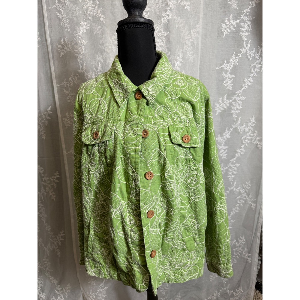 Coldwater Creek Green Floral Embroidered Linen Jacket Boho Cottage Fairy Folk